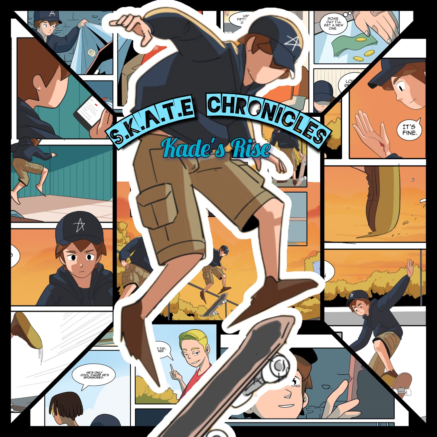 The only skateboarding comic on the market. This comic book includes skate tricks and coming of age of Kade a young skater who is going through the struggles every new person goes through. Follow this skate comic today and cheer on Kade!