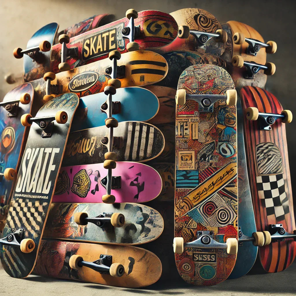 Large stack of skateboards making you wonder which skateboard to pick