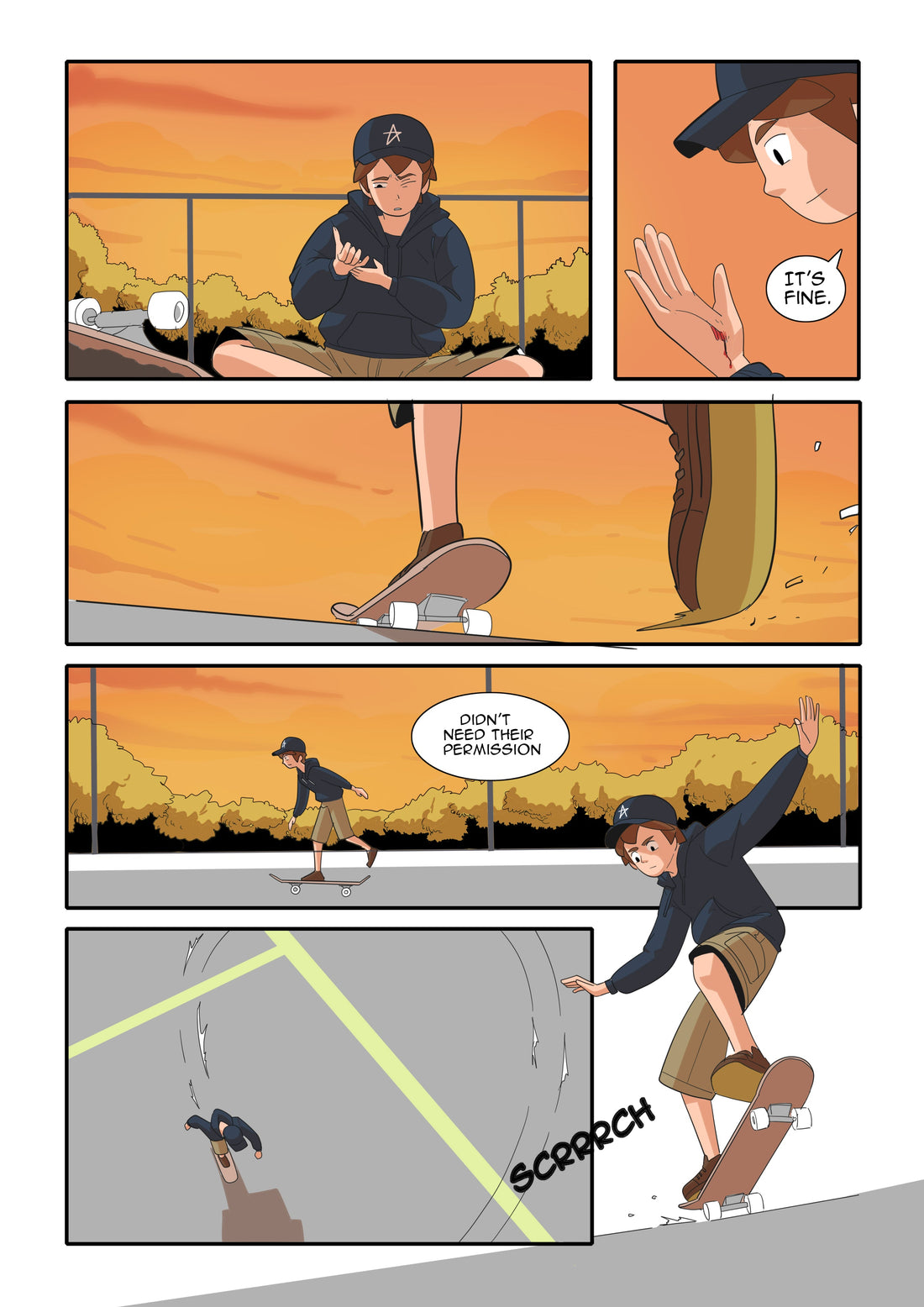 Indie skateboard comic panel showing a young skater attempting a trick, falling, injuring his hand, and pushing forward. A raw coming-of-age graphic novel about resilience and skate culture.