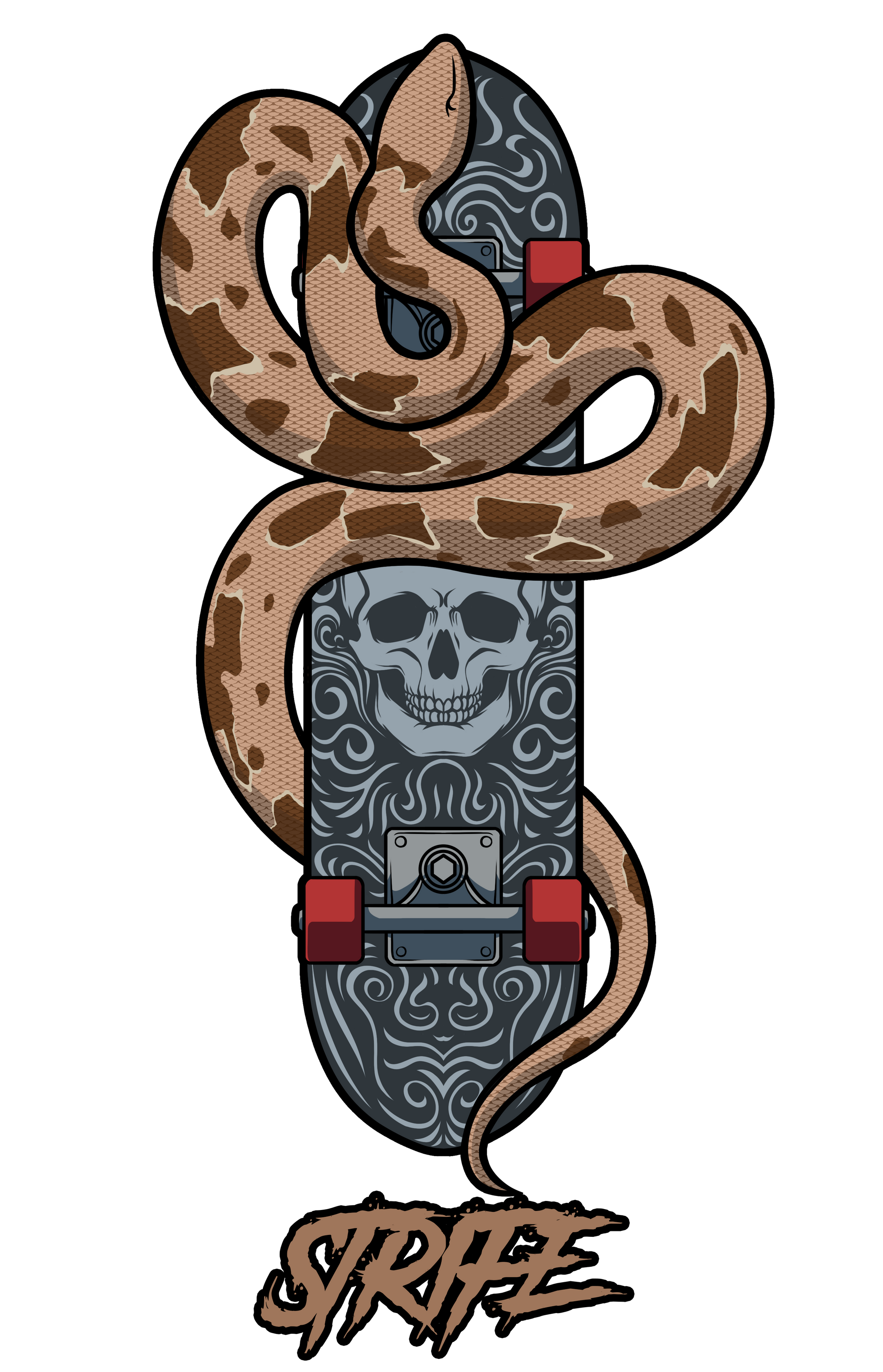 A brown snake wrapped over a skull with a skateboard and strife at the bottom