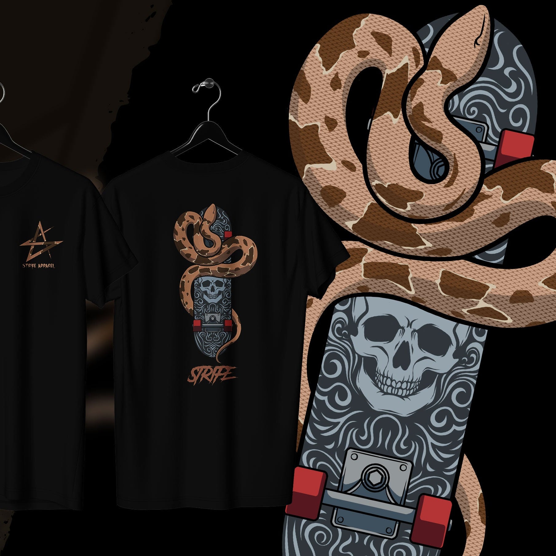 Brown snake wrapped around skateboard with skull on black tshirt 