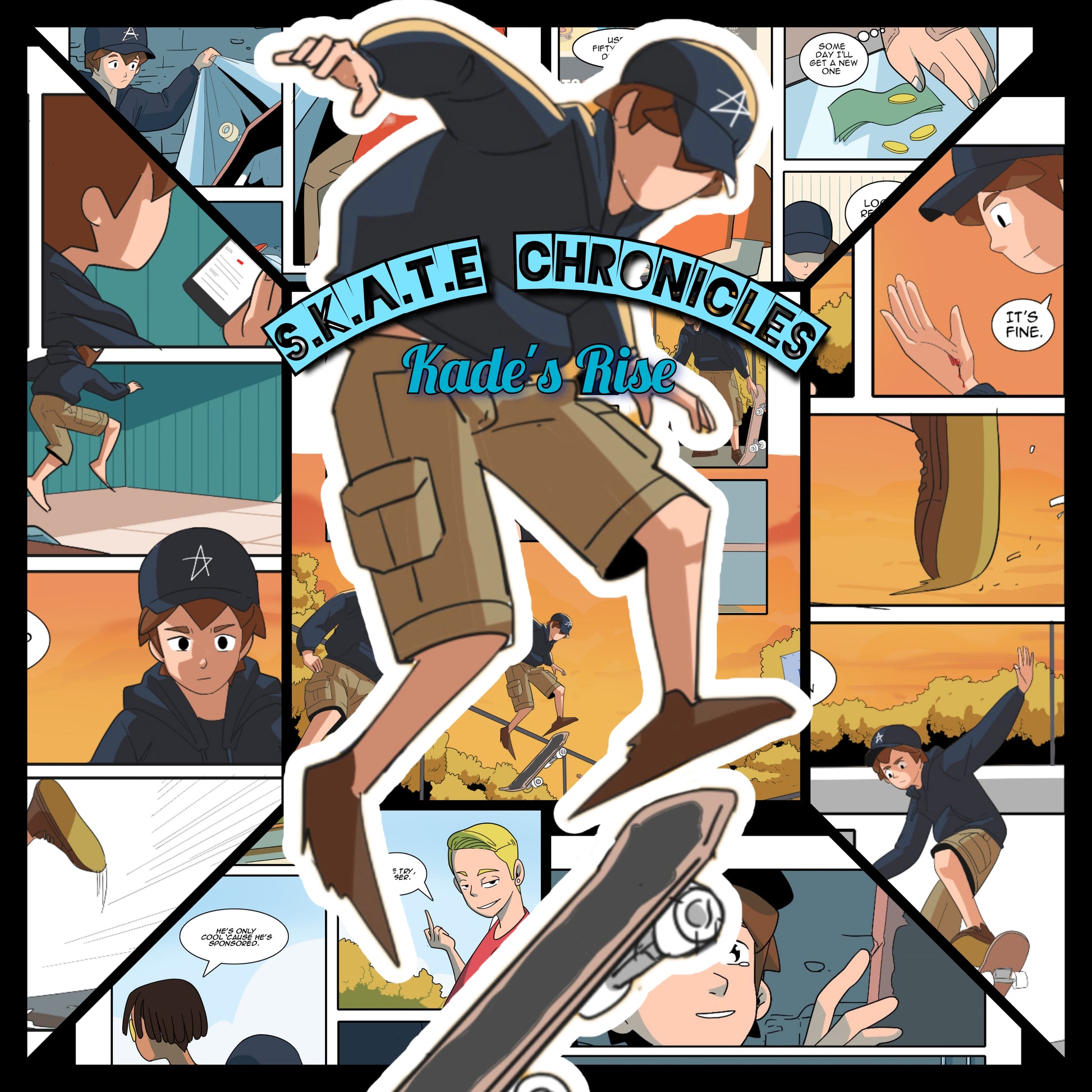 The only skateboarding comic on the market. This comic book includes skate tricks and coming of age of Kade a young skater who is going through the struggles every new person goes through. Follow this skate comic today and cheer on Kade!
